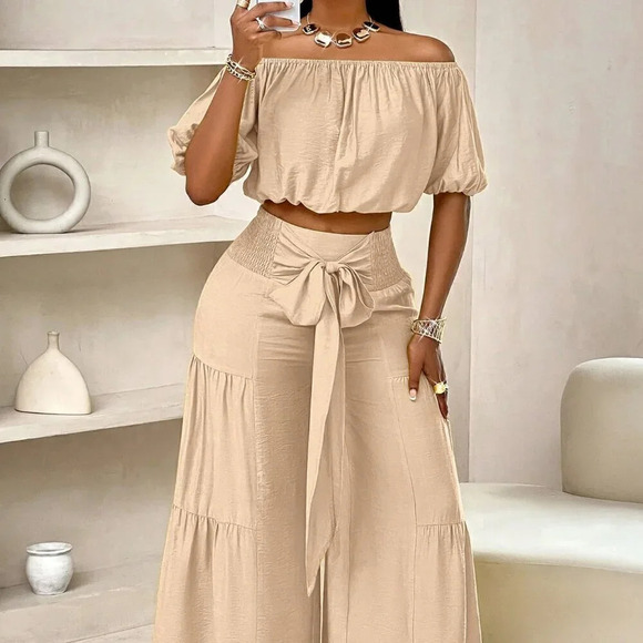 Khaki Casual Women's Beach One-Shoulder Puff-Sleeved Crop Top & Wide Leg Pants - Picture 3 of 7